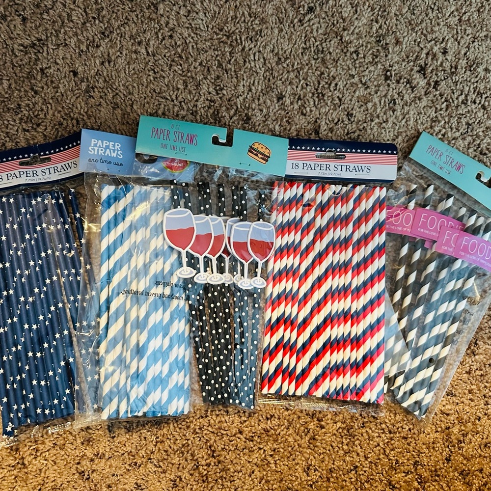 New Colorful Paper Straws Set - Blue, Red, Black